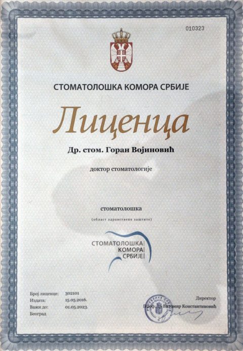 Dental License for Doctor Goran Vojinović